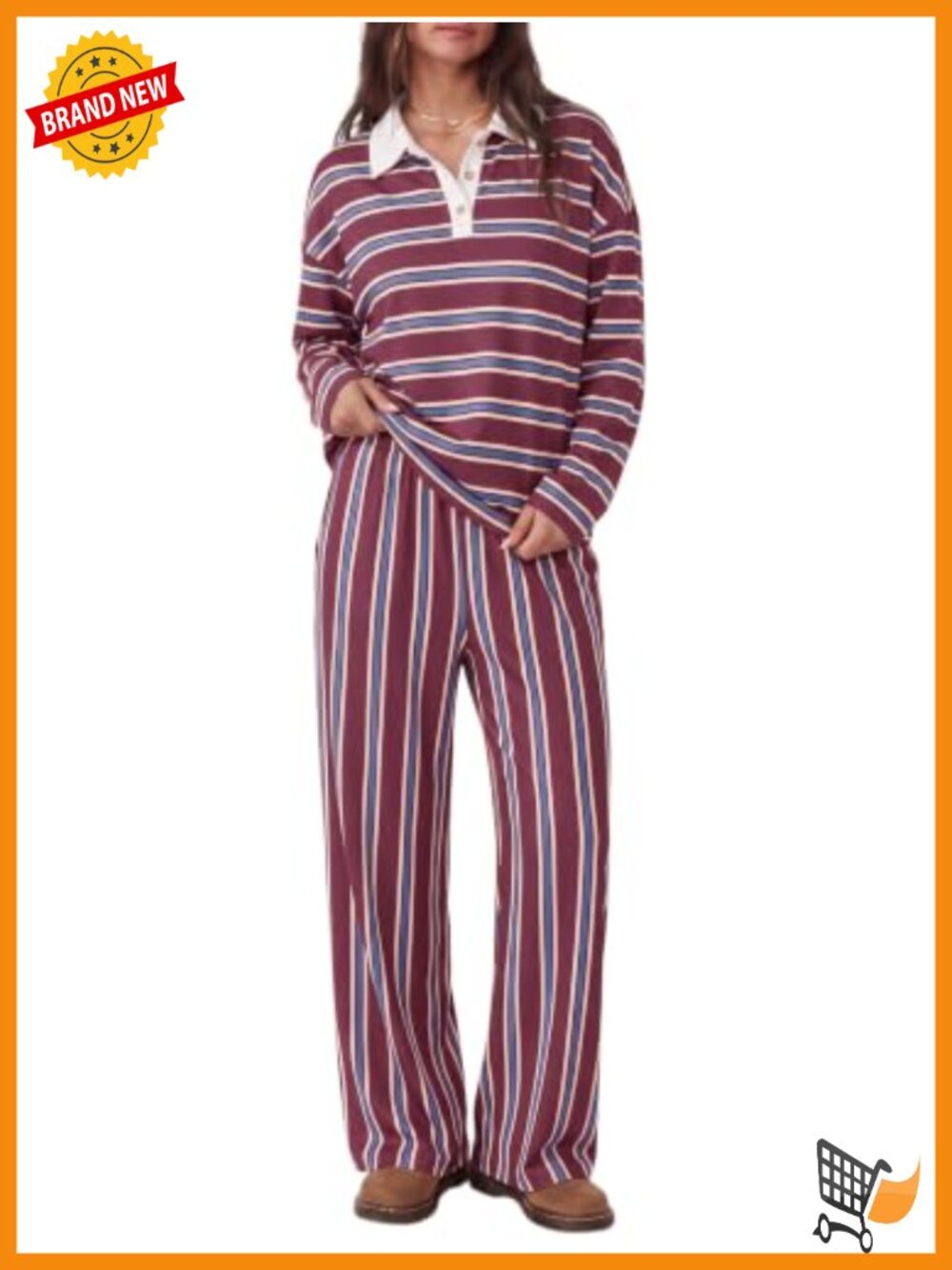 Striped 2 Piece Lounge Set Long Sleeve Polo Shirt Wide Leg Pants